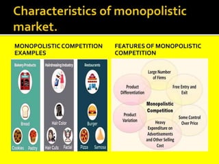 MONOPOLISTICCOMPETITION
EXAMPLES
FEATURES OF MONOPOLISTIC
COMPETITION
 