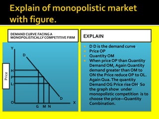 DEMAND CURVE FACING A
MONOPOLISTICALLY COMPETITIVE FIRM EXPLAIN
 D D is the demand curve.
 Price OP
 Quantity OM
 When price OP than Quantity
Demand OM, Again Quantity
demand greater than OM to
ON the Price reduce OP to OL.
Again Qua.The quantity
Demand OG Price rise OH. So
the graph show under
monopolistic competition is to
choose the price—Quantity
Combination.
Y
D
D
H
P
L:
O
G M N
X
Price
 