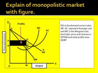 Y
D
D
O
AC
M
MR
AR
MC
E
S
P
Q
R
X
Profits
DD is the demand curve is also
AR. AC representAverage cost
and MC is the Marginal cost .
And total price and revenue is
OPQM and total profits area
QERP
Price
and
revenue
Output
 