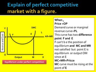 SMC
AR=MR
L
E
F
Y
P
O
M
Output
X
When ,
Price =OP
Demand curve or marginal
revenue curve=PL
This curve has two difference
point F and E
F can’t b e the position of
equilibrium and MC and MR
not satisfied but point E is
equilibrium or output OM
since at E
MC=MR=Pricce
MC curve must be rising at the
point of E
Equilibrium under perfect competition
Revenue
and
Cost
 