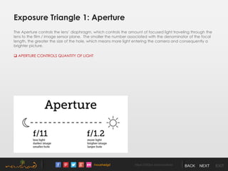 /noushadgd https://500px.com/noushad BACK NEXT EXIT
Exposure Triangle 1: Aperture
The Aperture controls the lens’ diaphragm, which controls the amount of focused light traveling through the
lens to the film / image sensor plane. The smaller the number associated with the denominator of the focal
length, the greater the size of the hole, which means more light entering the camera and consequently a
brighter picture.
 APERTURE CONTROLS QUANTITY OF LIGHT
 