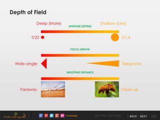 /noushadgd https://500px.com/noushad BACK NEXT EXIT
Depth of Field
APERTURE SETTING
FOCAL LENGTH
SHOOTING DISTANCE
Deep (More) Shallow (Less)
f/22 f/1.4
Wide angle Telephoto
Faraway Close-up
 