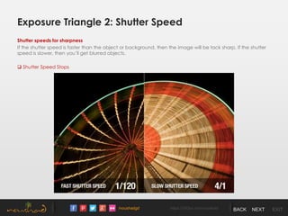 /noushadgd https://500px.com/noushad BACK NEXT EXIT
Exposure Triangle 2: Shutter Speed
Shutter speeds for sharpness
If the shutter speed is faster than the object or background, then the image will be tack sharp. If the shutter
speed is slower, then you’ll get blurred objects.
 Shutter Speed Stops
 