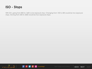 /noushadgd https://500px.com/noushad BACK NEXT EXIT
ISO - Stops
With ISO, going from 800 to 1600 is one exposure stop. Changing from 100 to 400 would be two exposure
stops. Moving from 200 to 3200 would be four exposure stops.
 
