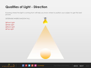 /noushadgd https://500px.com/noushad BACK NEXT EXIT
Qualities of Light - Direction
Knowing where the light is coming from will help you know where to position your subject to get the best
picture
DETERMINE WHERE SHADOW FALL
 Front Light
 Side Light
 Back Light
 Top Light
 