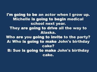 I'm going to be an actor when I grow up. Michelle is going to begin medical school next year. They are going to drive all the way to Alaska. Who are you going to invite to the party? A: Who is going to make John's birthday cake?B: Sue is going to make John's birthday cake. 