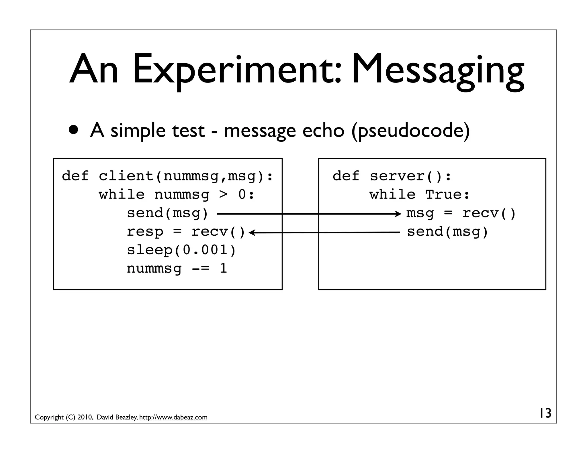 An Experiment: Messaging
          • A simple test - message echo (pseudocode)
        def client(nummsg,msg):                            def server():
            while nummsg > 0:                                  while True:
               send(msg)                                           msg = recv()
               resp = recv()                                       send(msg)
               sleep(0.001)
               nummsg -= 1




Copyright (C) 2010, David Beazley, http://www.dabeaz.com                          13
 