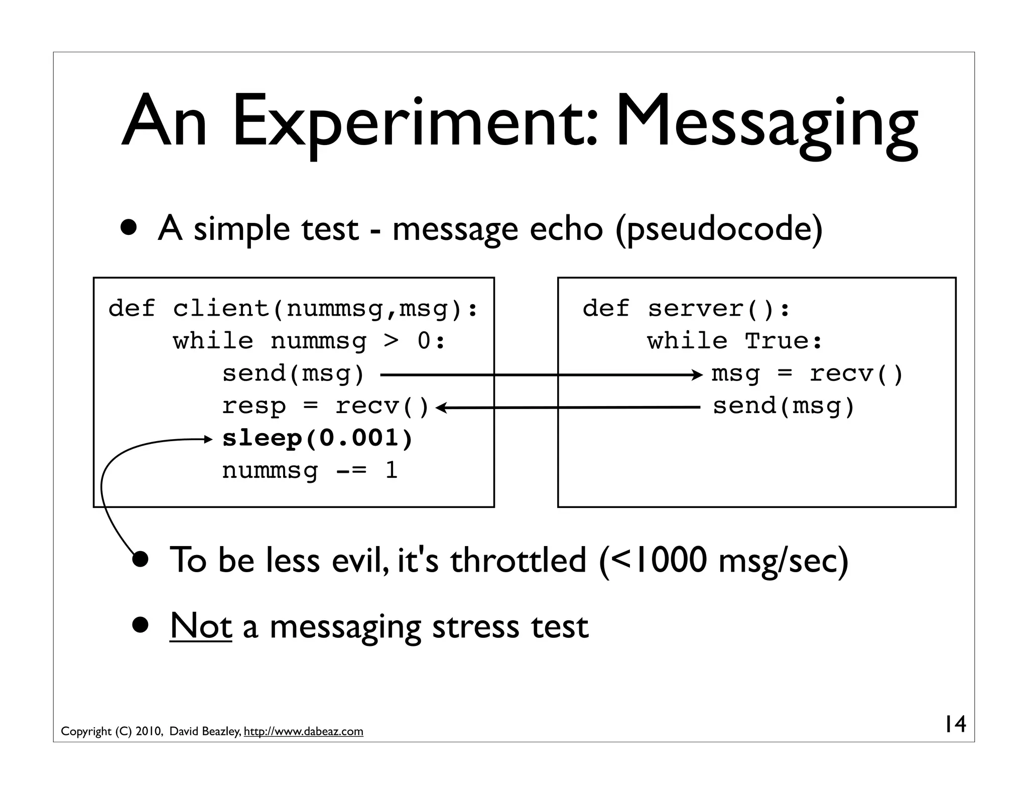 An Experiment: Messaging
          • A simple test - message echo (pseudocode)
        def client(nummsg,msg):                            def server():
            while nummsg > 0:                                  while True:
               send(msg)                                           msg = recv()
               resp = recv()                                       send(msg)
               sleep(0.001)
               nummsg -= 1


            • To be less evil, it's throttled (<1000 msg/sec)
            • Not a messaging stress test
Copyright (C) 2010, David Beazley, http://www.dabeaz.com                          14
 