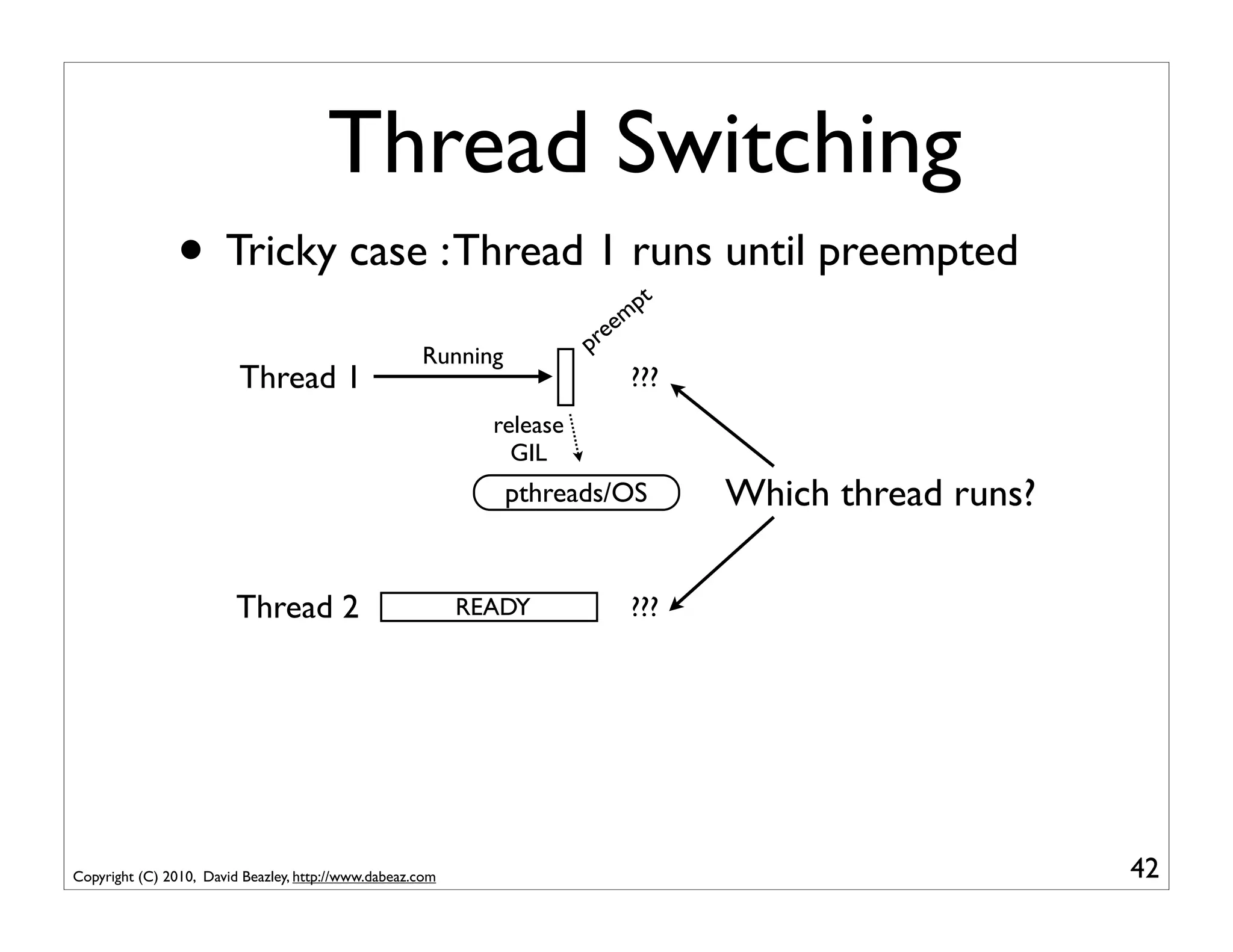 Thread Switching
                • Tricky case : Thread 1 runs until preempted                  pt
                                                                           m
                                                                         ee
                                                     Running           pr
                         Thread 1                                          ???
                                                             release
                                                               GIL
                                                               pthreads/OS          Which thread runs?

                         Thread 2                          READY           ???




Copyright (C) 2010, David Beazley, http://www.dabeaz.com                                                 42
 