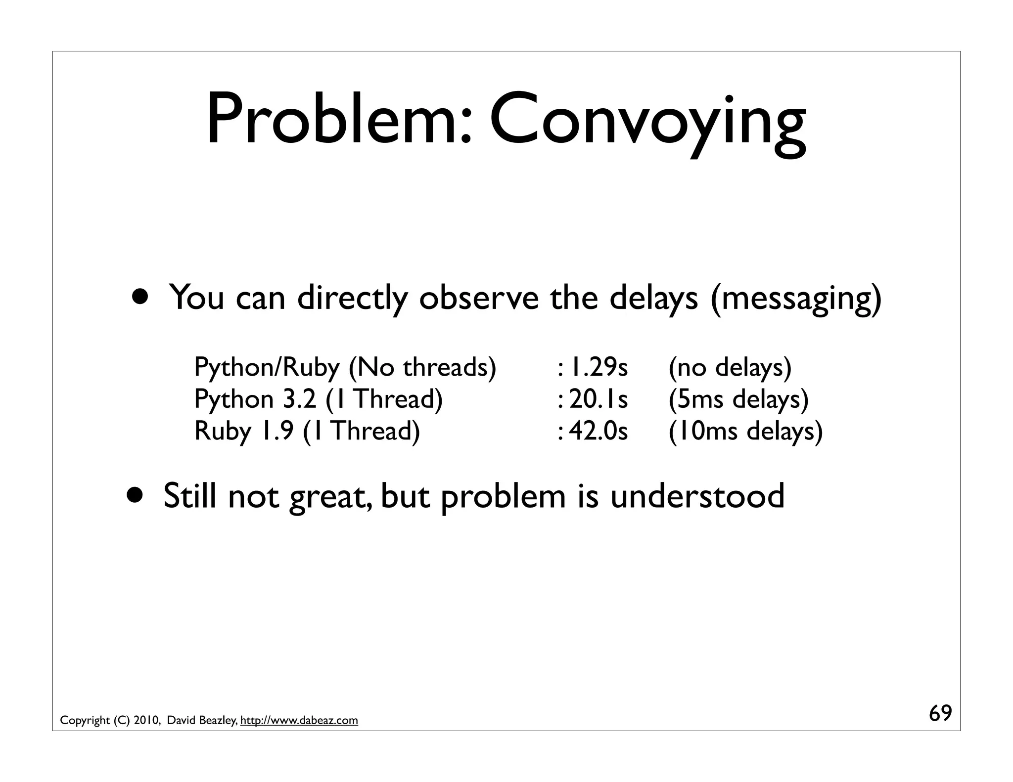 Problem: Convoying

            • You can directly observe the delays (messaging)
                         Python/Ruby (No threads)          : 1.29s   (no delays)
                         Python 3.2 (1 Thread)             : 20.1s   (5ms delays)
                         Ruby 1.9 (1 Thread)               : 42.0s   (10ms delays)

           • Still not great, but problem is understood


Copyright (C) 2010, David Beazley, http://www.dabeaz.com                             69
 