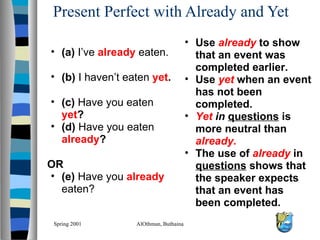 Present Perfect with Already and Yet ,[object Object],[object Object],[object Object],[object Object],[object Object],[object Object],[object Object],[object Object],[object Object],[object Object],Spring 2001 AlOthman, Buthaina 