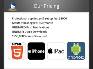 • Professional app design & set up fee: $1000
• Monthly hosting fee: $50/month
• UNLIMTED Push Notifications
• UNLIMITED App Downloads
• ~$50,000 Value – Seriously!
Our Pricing
 
