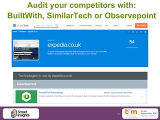 12
Audit your competitors with:
BuiltWith, SimilarTech or Observepoint
 