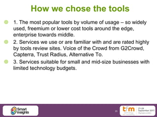 25
How we chose the tools
 1. The most popular tools by volume of usage – so widely
used, freemium or lower cost tools around the edge,
enterprise towards middle.
 2. Services we use or are familiar with and are rated highly
by tools review sites. Voice of the Crowd from G2Crowd,
Capterra, Trust Radius, Alternative To.
 3. Services suitable for small and mid-size businesses with
limited technology budgets.
 