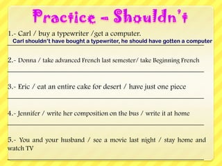 1.- Carl / buy a typewriter /get a computer.
_____________________________________________________
2.- Donna / take advanced French last semester/ take Beginning French
_____________________________________________________
3.- Eric / eat an entire cake for desert / have just one piece
_____________________________________________________
4.- Jennifer / write her composition on the bus / write it at home
_____________________________________________________
5.- You and your husband / see a movie last night / stay home and
watch TV
_____________________________________________________
Carl shouldn’t have bought a typewriter, he should have gotten a computer
 