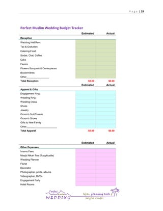 P a g e | 28

Perfect Muslim Wedding Budget Tracker
Estimated

Actual

$0.00

$0.00

Estimated

Actual

$0.00

$0.00

Estimated

Actual

Reception
Wedding Hall Rent
Tax & Gratuities
Catering-Food
Sodas, Chai, Coffee
Cake
Favors
Flowers Bouquets & Centerpieces
Boutonnières
Other_________________
Total Reception

Apparel & Gifts
Engagement Ring
Wedding Ring
Wedding Dress
Shoes
Jewelry
Groom's Suit/Tuxedo
Groom's Shoes
Gifts to New Family
Other_______________________
Total Apparel

Other Expenses
Imams Fees
Masjid Nikah Fee (If applicable)
Wedding Planner
Florist
Decorator
Photographer, prints, albums
Videographer, DVDs
Engagement Party
Hotel Rooms

 