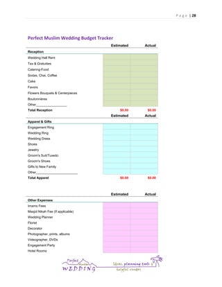 P a g e | 28

Perfect Muslim Wedding Budget Tracker
Estimated

Actual

$0.00

$0.00

Estimated

Actual

$0.00

$0.00

Esti...