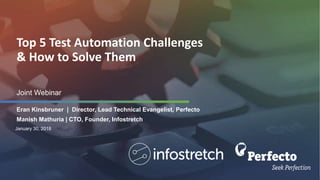 Joint Webinar
Eran Kinsbruner | Director, Lead Technical Evangelist, Perfecto
Manish Mathuria | CTO, Founder, Infostretch
January 30, 2018
Top 5 Test Automation Challenges
& How to Solve Them
 