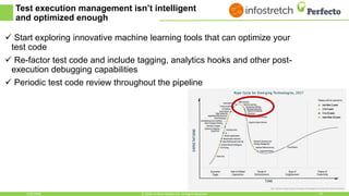 Test execution management isn’t intelligent
and optimized enough
 Start exploring innovative machine learning tools that can optimize your
test code
 Re-factor test code and include tagging, analytics hooks and other post-
execution debugging capabilities
 Periodic test code review throughout the pipeline
1/30/2018 13© 2018, Perfecto Mobile Ltd. All Rights Reserved.
 