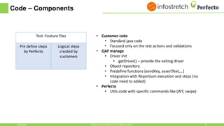 Code – Components
Test -Feature files
Pre define steps
by Perfecto
Logical steps
created by
customers
• Customer code
• Standard java code
• Focused only on the test actions and validations
• QAF manage
• Driver init
• getDriver() – provide the exiting driver
• Object repository
• Predefine functions (sendKey, assertText,…)
• Integration with Reportium execution and steps (no
code need to added)
• Perfecto
• Utils code with specific commands like (WT, swipe)
1/30/2018 21© 2018, Perfecto Mobile Ltd. All Rights Reserved.
 