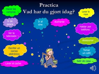 Hacer las
compras

Ir de
pesca

Practica
Vad har du gjort idag?
Ir al
cine

Lavar la
ropa

ducharse
Hablar por
teléfono

Ver la
televisión
desayunar
Escribir un
correo
eletrónico

Lavar el coche

Tomar
un café
Salir de casa

 
