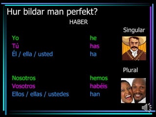 Hur bildar man perfekt?
HABER
Singular

Yo
Tú
Él / ella / usted

he
has
ha
Plural

Nosotros
Vosotros
Ellos / ellas / ustedes

hemos
habéis
han

 