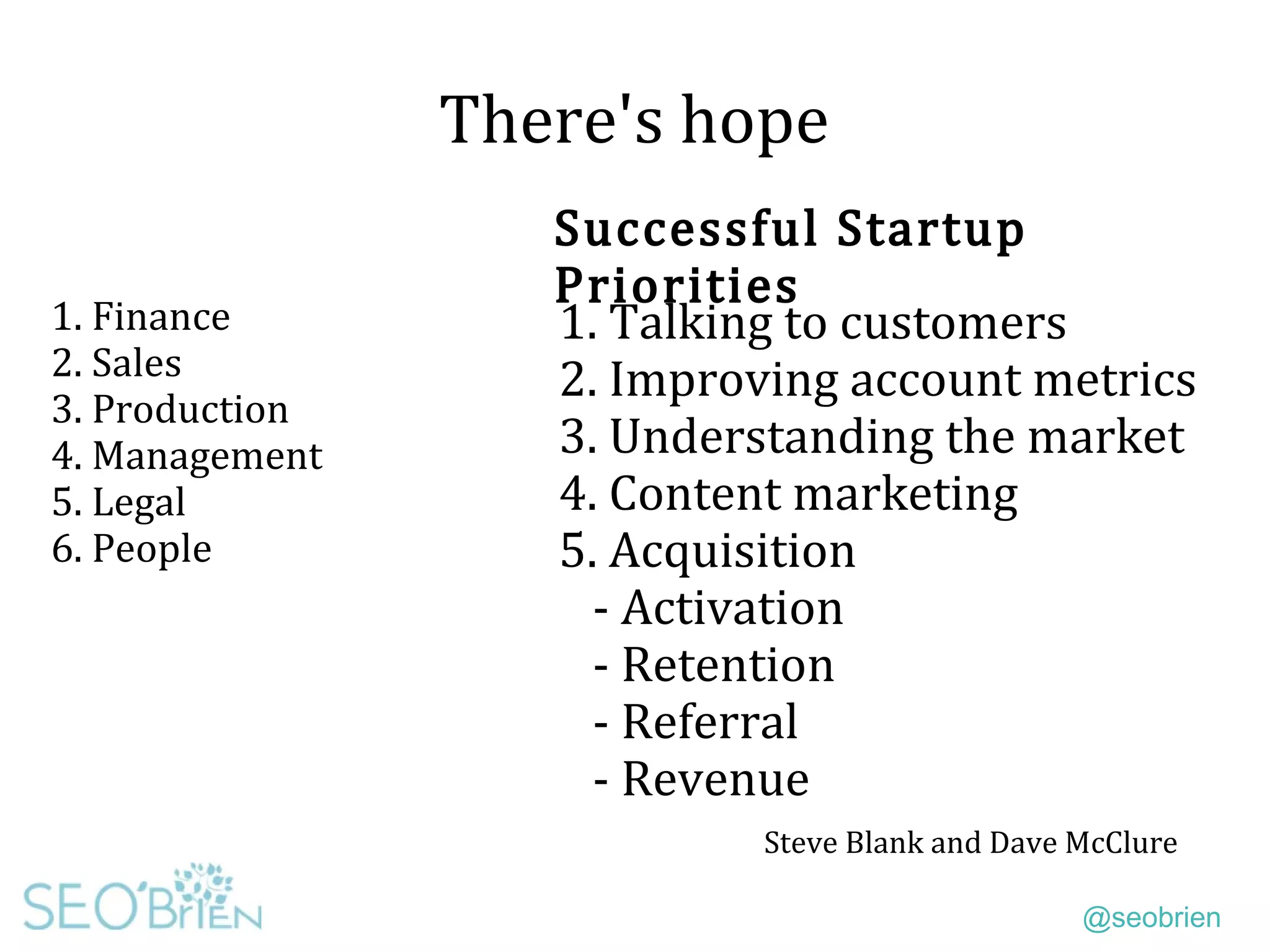 @seobrien
There's hope
1. Finance
2. Sales
3. Production
4. Management
5. Legal
6. People
Successful Startup
Priorities
1. Talking to customers
2. Improving account metrics
3. Understanding the market
4. Content marketing
5. Acquisition
- Activation
- Retention
- Referral
- Revenue
Steve Blank and Dave McClure
 