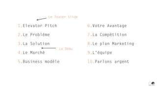 1.Elevator Pitch
2.Le Problème
3.La Solution
4.Le Marché
5.Business modèle
6.Votre Avantage
7.La Compétition
8.Le plan Marketing
9.L’équipe
10.Parlons argent
Le Teaser Slide
La Démo
 