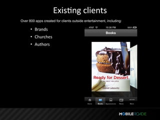 ExisTng clients
Over 800 apps created for clients outside entertainment, including:

      • Brands
      • Churches
      • Authors
 