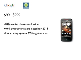 $99 ‐ $299

•18% market share worldwide
•40M smartphones projected for 2011
•1 operating system, OS fragmentation
 