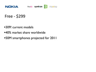 Free ‐ $299

•309! current models
•40% market share worldwide
•50M smartphones projected for 2011
 