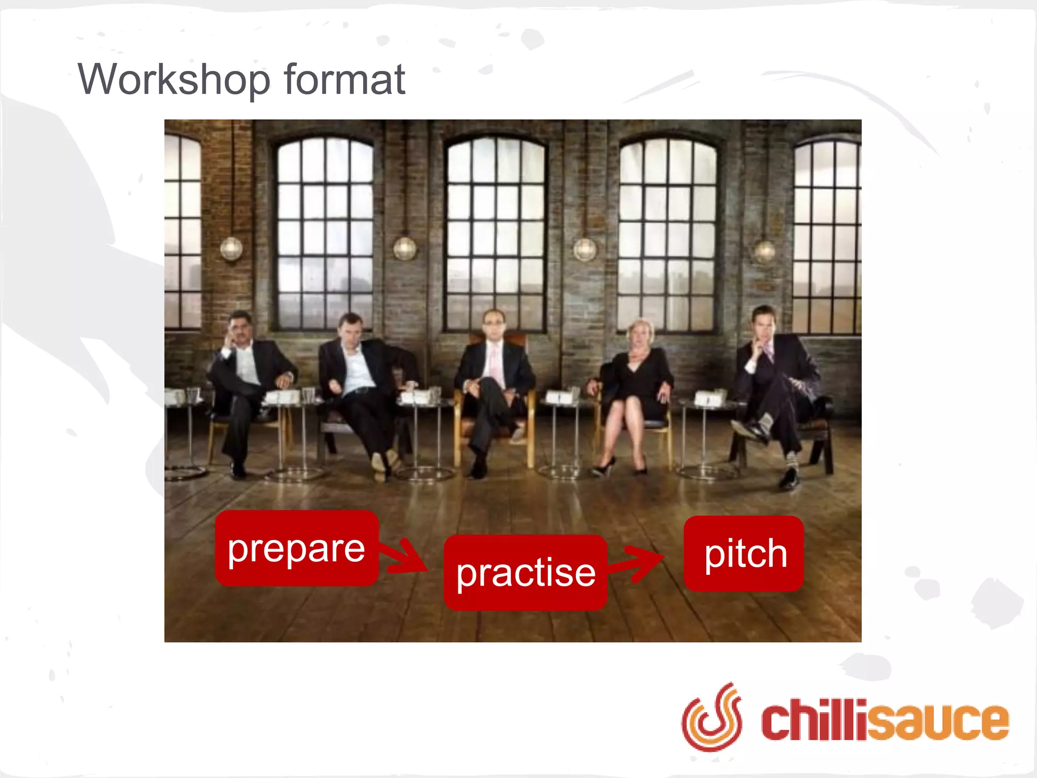 Workshop format




      prepare                pitch
                  practise
 