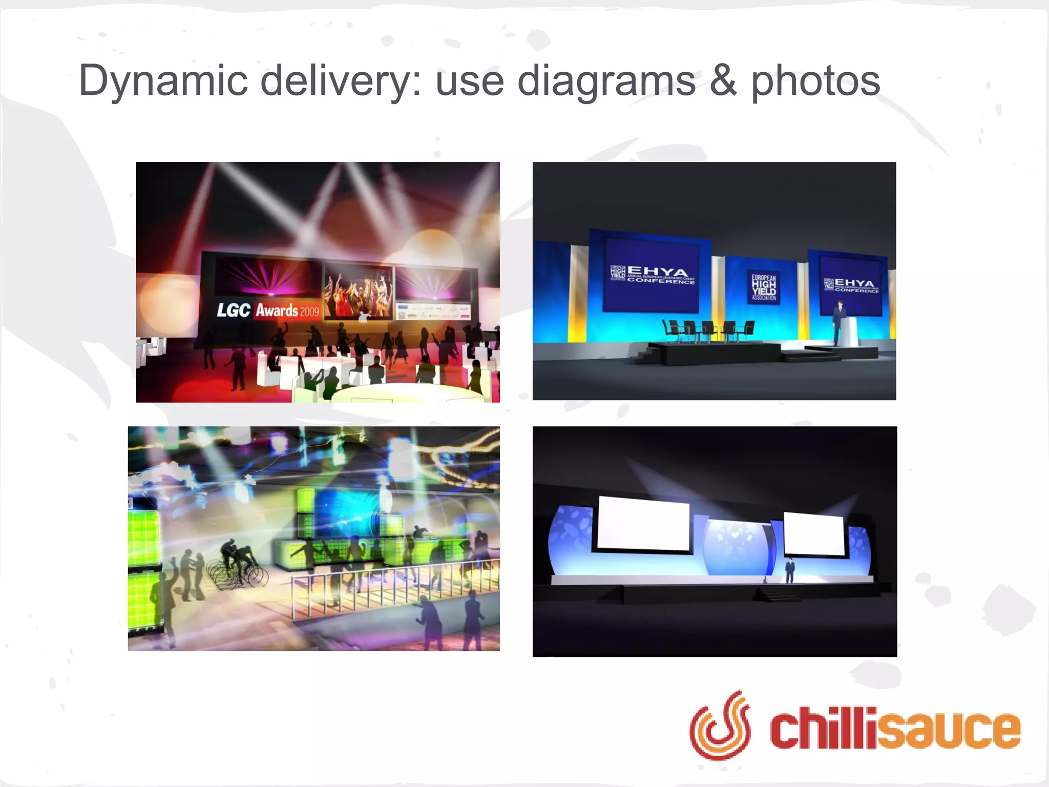 Dynamic delivery: use diagrams & photos
 