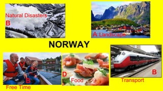 NORWAY
A
B
Natural Disasters
Landscape
B
Free Time
D
Food
B
Transport
 