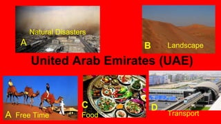 A
D
United Arab Emirates (UAE)
Natural Disasters
B Landscape
A Free Time
C
Food
D
Transport
 