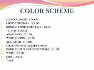 COLOR SCHEME
1. MONOCROMATIC COLOR
2. COMPLEMENTARY COLOR
3. DOUBLE COMPLEMENTARY COLOR
4. TRIADIC COLOR
5. ANALOGOUS COLOR
6. WARM & COOL COLOR
7. ACROMATIC COLOR
8. SPLIT COMPLEMENTARY COLOR
9. DOUBLE SPLIT COMPLEMENTARY COLOR
10. WARM COLOR
11. COOL COLOR
12. TONS
 