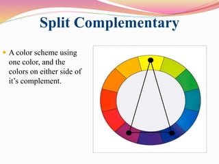 Split Complementary
 A color scheme using
one color, and the
colors on either side of
it’s complement.
 