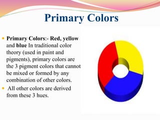 Primary Colors
 Primary Colors:- Red, yellow
and blue In traditional color
theory (used in paint and
pigments), primary colors are
the 3 pigment colors that cannot
be mixed or formed by any
combination of other colors.
 All other colors are derived
from these 3 hues.
 