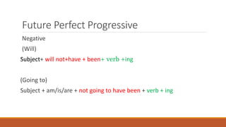 Future Perfect Progressive
Negative
(Will)
Subject+ will not+have + been+ verb +ing
(Going to)
Subject + am/is/are + not going to have been + verb + ing
 