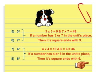 5) 32
3 x 3 = 9 & 7 x 7 = 49
If a number has 3 or 7 in the unit’s place,
6) 72
Then it’s square ends with 9.
7) 42
8) 62
4 x 4 = 16 & 6 x 6 = 36
If a number has 4 or 6 in the unit’s place,
Then it’s square ends with 6.
 