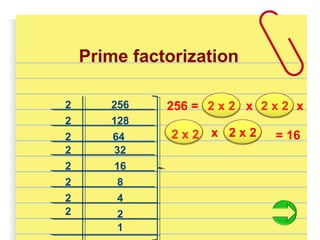 Prime factorization
2562
128
64
322
2
2
2 16
82
42
22
1
2 x 2256 = x
x
x
2 x 2
2 x 2
= 162 x 2
 