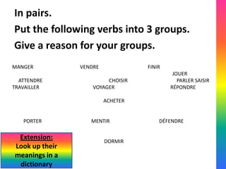 In pairs.
Put the following verbs into 3 groups.
Give a reason for your groups.
MANGER          VENDRE             FINIR
                                            JOUER
  ATTENDRE               CHOISIR              PARLER SAISIR
TRAVAILLER          VOYAGER                RÉPONDRE

                         ACHETER


   PORTER          MENTIR              DÉFENDRE

 Extension:              DORMIR
Look up their
meanings in a
 dictionary
 