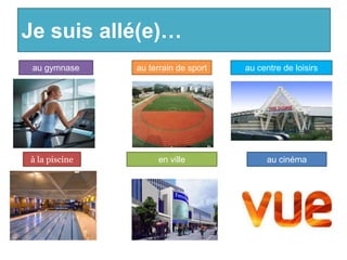 Je suis allé(e)…
 au gymnase    au terrain de sport   au centre de loisirs




à la piscine        en ville              au cinéma
 