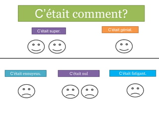 C’était comment?
              C’était super.                 C’était génial.




C’était ennuyeux.              C’était nul         C’était fatigant.
 
