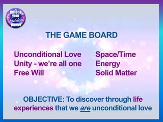 THE GAME BOARD
Unconditional Love Space/Time
Unity - we’re all one Energy
Free Will Solid Matter
OBJECTIVE: To discover through life
experiences that we are unconditional love
 