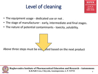 RIPER
AUTONOMOUS
NAAC &
NBA (UG)
SIRO- DSIR
Raghavendra Institute of Pharmaceutical Education and Research - Autonomous
K.R.Palli Cross, Chiyyedu, Anantapuramu, A. P- 515721 6
Level of cleaning
 