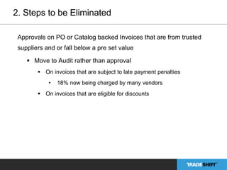 2. Steps to be Eliminated 
Approvals on PO or Catalog backed Invoices that are from trusted 
suppliers and or fall below a pre set value 
 Move to Audit rather than approval 
 On invoices that are subject to late payment penalties 
• 18% now being charged by many vendors 
 On invoices that are eligible for discounts 
 