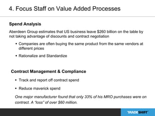 4. Focus Staff on Value Added Processes 
Spend Analysis 
Aberdeen Group estimates that US business leave $260 billion on the table by 
not taking advantage of discounts and contract negotiation 
 Companies are often buying the same product from the same vendors at 
different prices 
 Rationalize and Standardize 
Contract Management & Compliance 
 Track and report off contract spend 
 Reduce maverick spend 
One major manufacturer found that only 33% of his MRO purchases were on 
contract. A “loss” of over $60 million. 
 