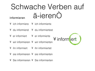 Schwache Verben auf
      „-ieren“
informieren

• ich informiere   • ich informierte

• du informierst   • du informiertest

• er informiert    • er informierte

• wir informieren • wir informierten
                                        • informiert
• ihr informiert   • ihr informiertet

• sie informieren • sie informierten

• Sie informieren • Sie informierten
 