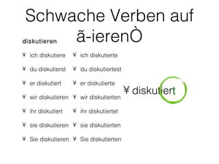 Schwache Verben auf
      „-ieren“
diskutieren

• ich diskutiere   • ich diskutierte

• du diskutierst   • du diskutiertest

• er diskutiert    • er diskutierte

• wir diskutieren • wir diskutierten
                                        • diskutiert
• ihr diskutiert   • ihr diskutiertet

• sie diskutieren • sie diskutierten

• Sie diskutieren • Sie diskutierten
 